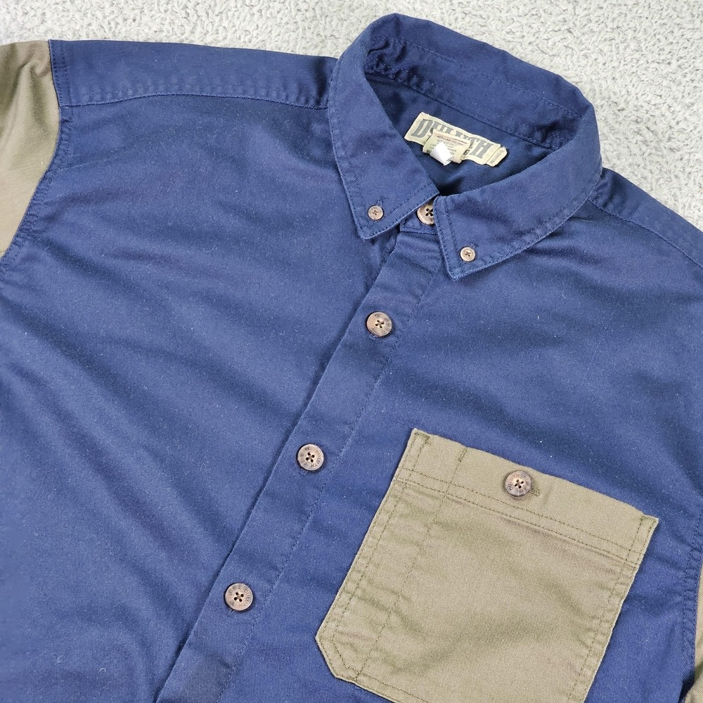 Duluth Trading Co Shirt Mens Large Blue Olive Button Down Short Sleeve Logo Back